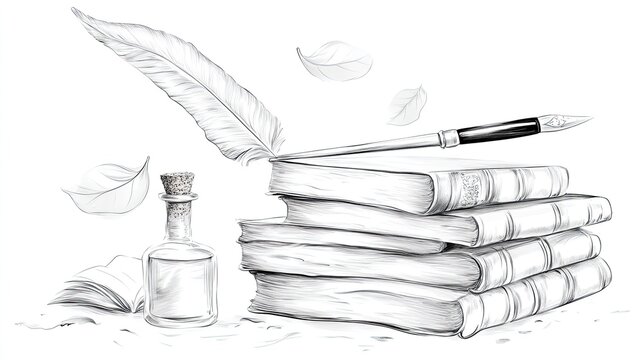 Pen and ink bottle sit on top of a stack of books. Concept of nostalgia and the importance of writing and reading