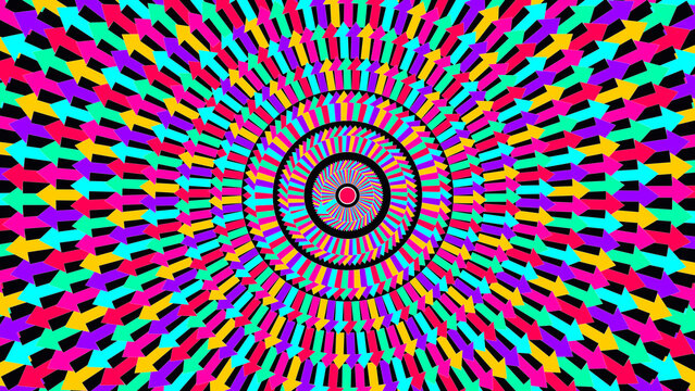 Vibrant psychedelic arrow pattern forming a hypnotic optical illusion with concentric circles.