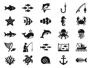 Obraz premium Ocean Life Icons: Fish, Dolphin, Shark, Seahorse, Crab, Starfish, Jellyfish, Octopus