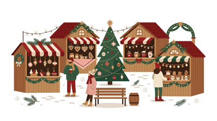 Fototapeta premium Festive outdoor Christmas market stalls and decorated tree