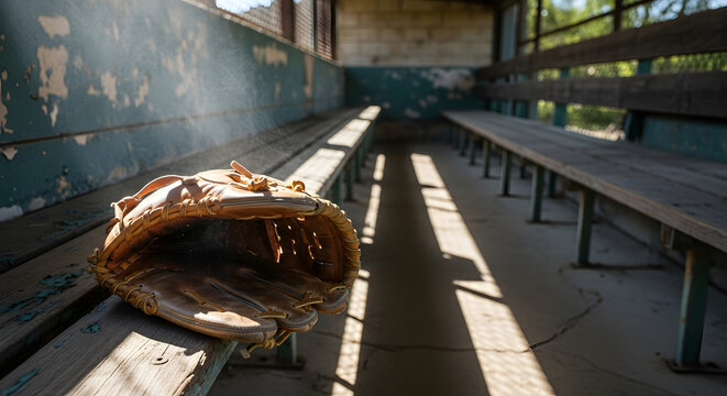 Vintage baseball glove resting on wooden bleachers.