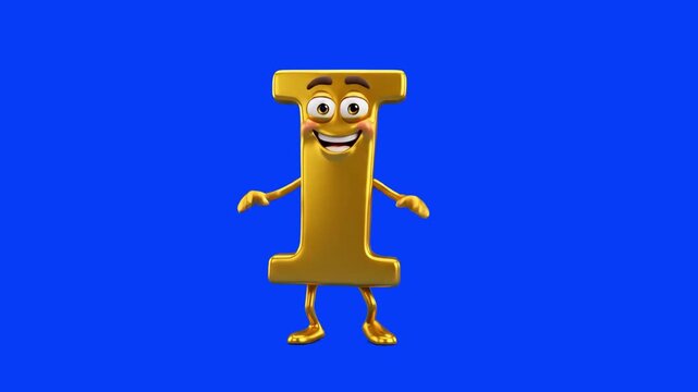 Cheerful golden yellow 3D cartoon letter I character standing with arms outstretched and a big smile on a solid blue screen backdrop. Suitable for alphabet teaching videos, children's educational prom