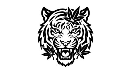 Obraz premium Fierce roaring tiger head with leaf crown.