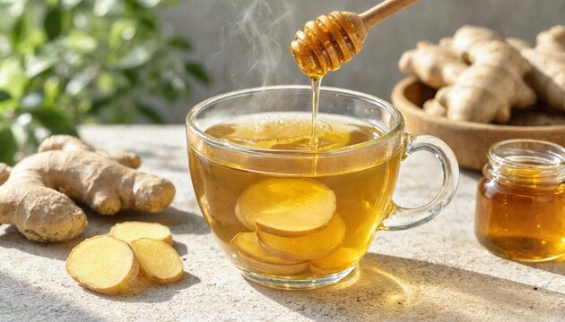 A cup of hot ginger tea with fresh ginger slices and liquid honey dripping from a wooden dipper