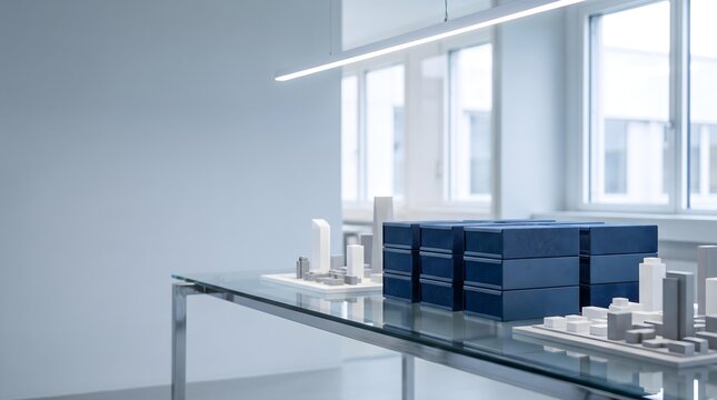Modernes Architekturmodell und blaue Geb&auml;udestrukturen auf einem Glastisch in einem hellen B&uuml;ro f&uuml;r Design-Hintergrund
