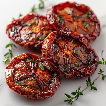 Sundried tomatoes with fresh thyme on minimalist surface, top view, commercial food photography.