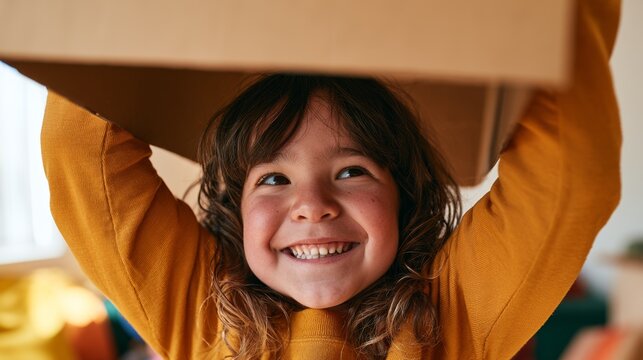 Happy Child Lifting Box, Smiling at Camera