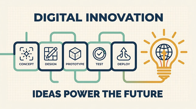 Digital transformation process flowchart showcasing idea development stages from concept to deployment with emphasizing creativity progress technology driven development