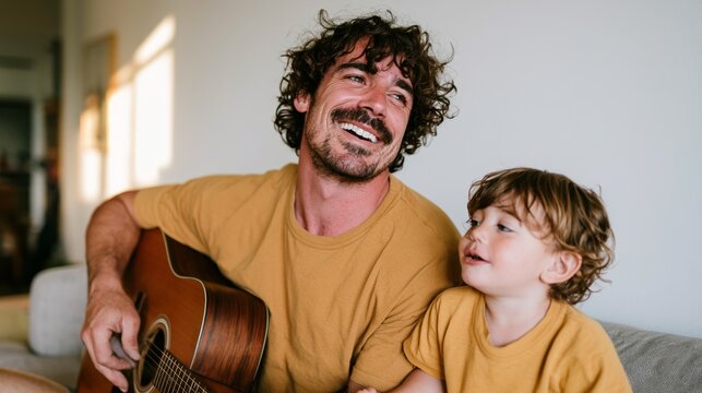 Father and son sharing a moment with guitar, smiling broadly in living room.