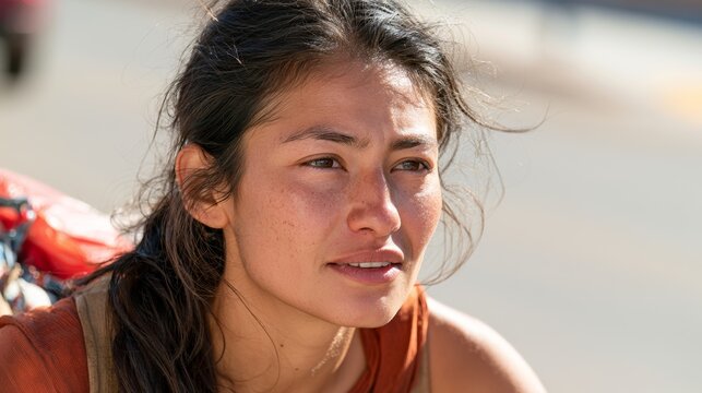 Woman with a serious expression, looking off to the side, possibly during an outdoor activity or event.