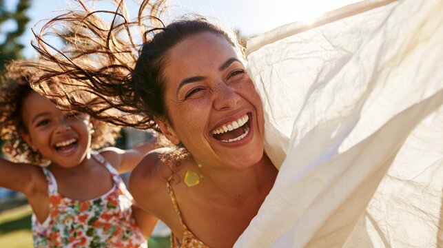 Joyful Moment of Family Outdoor Fun, Female Smiling at Camera with Little Girl in Background
