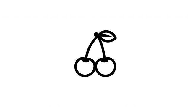 Animated simple black line illustration of two cherries with stems and leaves on a clean white background.