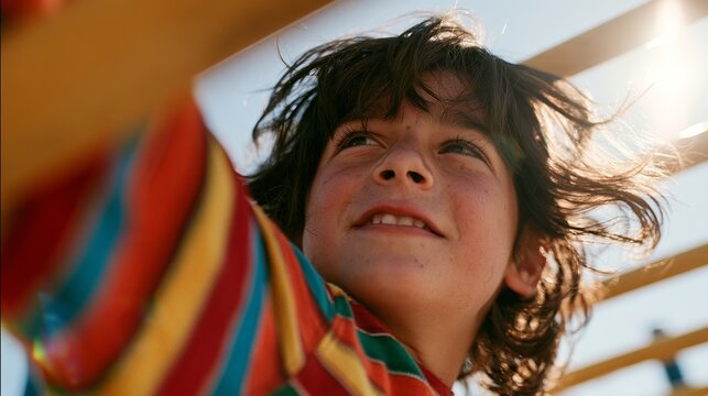 Joyful Child on Swing, Happy Expression, Sunlit Day, Playground, Youth, Outdoor Fun, Summer, Smiling Face, Colorful Clothing, Casual Attire, Childhood, Leisure Time, Emotion, Positive Vibes.