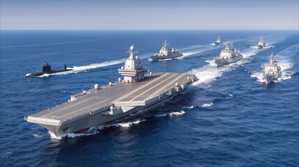 Obraz na płótnie Canvas Naval fleet sailing in formation across open ocean during daytime. Aircraft carrier leading group of destroyers and submarine on maritime mission.