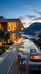 Naklejka premium Modern Luxury Villa with Infinity Pool and Mountain View.