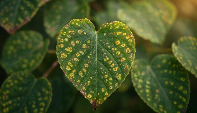 Close up view of green heart shaped leaves affected by fungal leaf spot disease