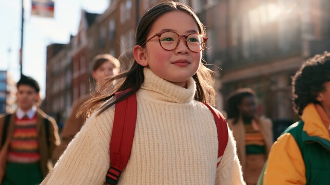 Young Girl with Glasses Walking on Street