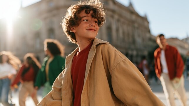 Casually Dressed Boy with Curly Hair Striking a Pose in a Vibrant City Square.