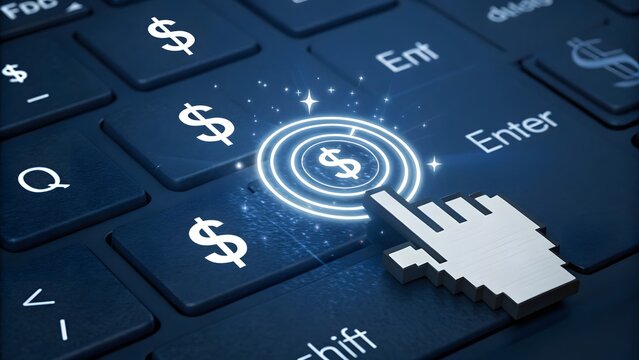 Hand cursor clicking a currency symbol on a computer keyboard representing digital finance