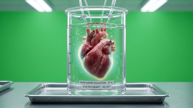 3D medical illustration of genetically modified pig heart in sterile lab container for transplant research
