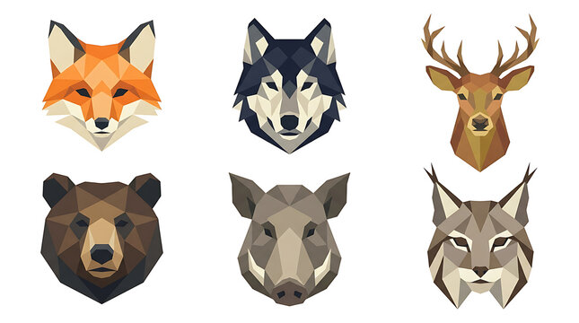 Geometric stylized animal heads collection with evoking modern artistic forest wildlife theme clean white background rendered geometric polygons