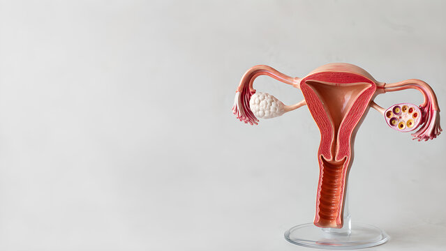 Female infertility reproductive system medical banner showing uterus, fallopian tubes and ovaries in realistic clinical anatomy with copy space for healthcare, fertility education and patient care