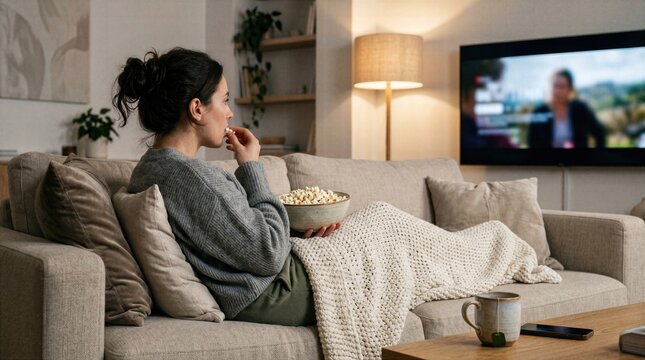 Young women sharing popcorn during sleepover movie night, showing friendship, laughter, cozy bedroom mood and relaxed social bonding.