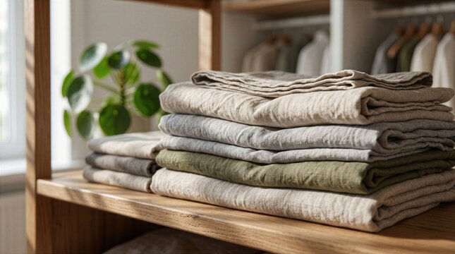 Folded linen textiles on open wardrobe shelf with soft plant shadow, showing tactile fabric texture and calm minimalist home storage.