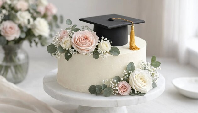 Elegant white graduation cake decorated with pink and white roses on a marble cake stand