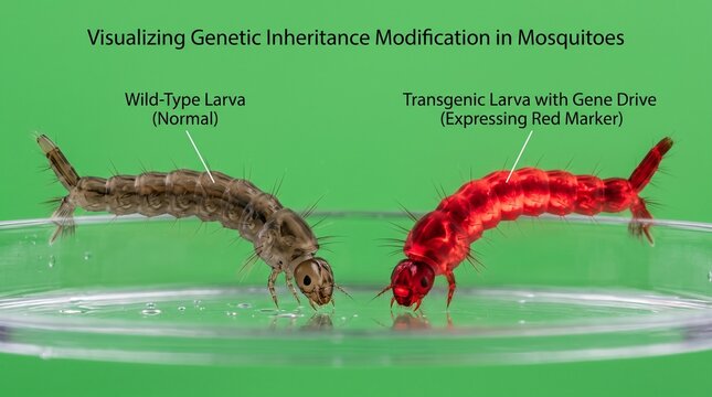 Comparison of wild-type and genetically modified glowing mosquito larvae in laboratory