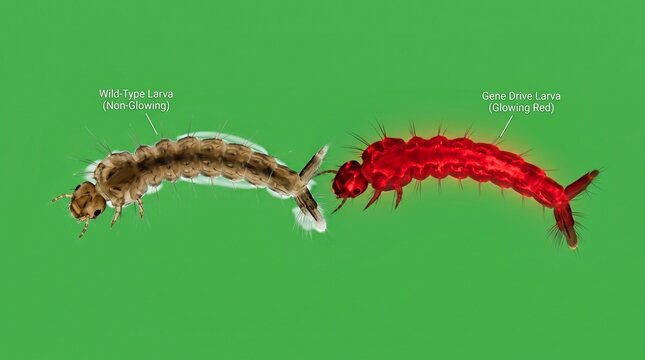 Mosquito larvae comparison showing genetic modification and fluorescent protein expression