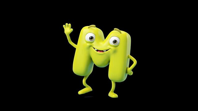 A detailed 3D illustration of a friendly green letter M character with eyes and a smiling face waving its hand, set against a solid dark black backdrop. Ideal for dark mode UI graphics, educational vi
