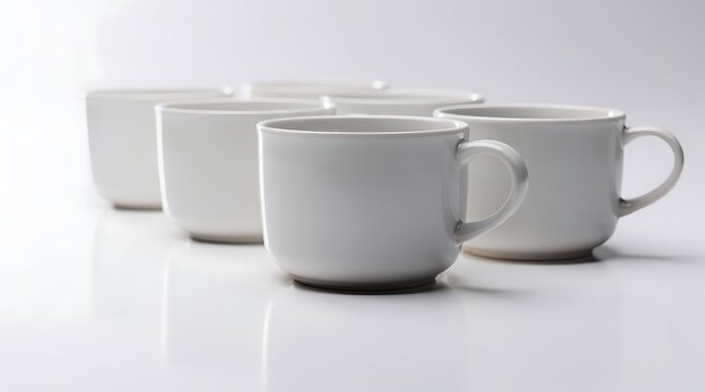 Group of white ceramic mugs arranged in a row on a white surface.
