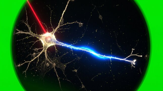 Firing neuron cell with electrical impulse and light pulse in a microscopic view.