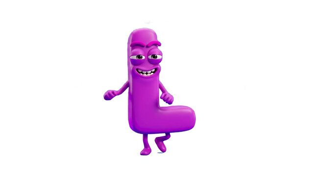 A playful 3D purple letter L cartoon character with eyes and small limbs dancing joyfully on an isolated white background. Perfect for children's educational content, alphabet learning assets, and ani