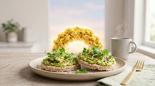 Hyper realistic vegan breakfast concept featuring fluffy tofu, creamy avocado and microgreens for premium high protein food advertising.