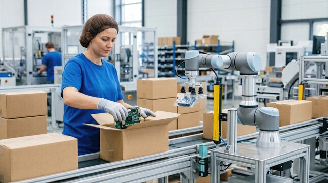 Commercial automation image featuring cobot and employee packing products together, combining industrial innovation, practical teamwork and professional factory efficiency.