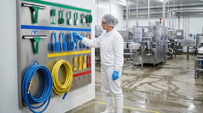 Industrial hygiene image with worker selecting dedicated sanitation tool, focused on clean storage, process control, compliance and professional manufacturing organization.