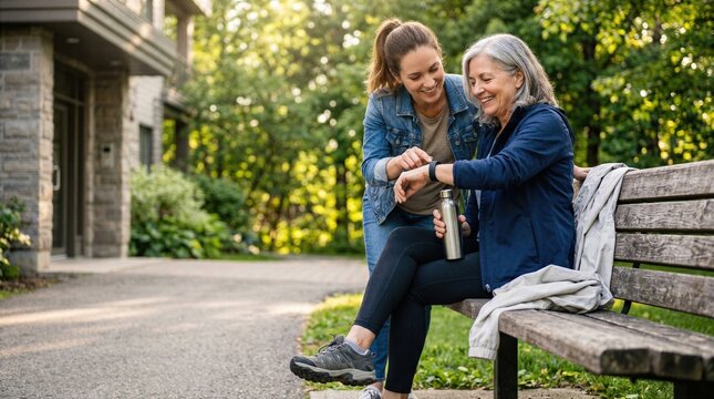 Commercial mature wellness image featuring wearable device support, outdoor walk recovery and family encouragement for active aging, confidence and everyday movement routine.