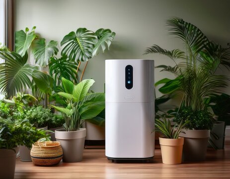modern air purifier surrounded by indoor plants in clean living space
