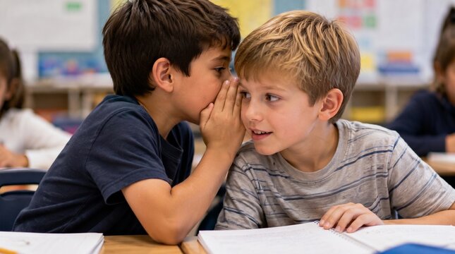 Two cute elementary school boys whispering a secret to each other while sitting at a desk during a lesson in a classroom. Childhood friendship and communication concept