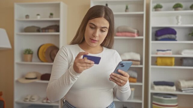 Woman holds creditcard to smartphone and reads the screen in a studio near shelves of folded clothes and hats while smiling; satisfaction convenience.