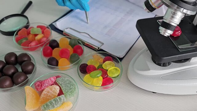 Testing candy colors with a microscope in a lab setting
