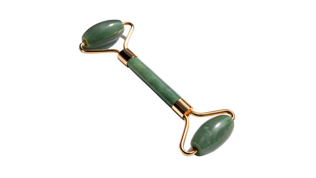 Modern green plastic double jade roller facial massage skincare cosmetic tool isolated on transparent background