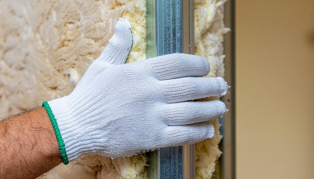 Close-up of a worker in white knitted safety gloves adjusting a metal profile stud over thick mineral wool insulation material during an internal wall renovation process.