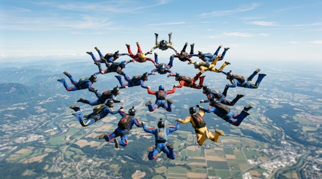 A group of skydivers form a circular formation in free fall.