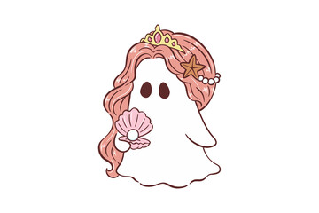 Lovely Pearl Mermaid Ghost Princess with Pink Flowing Hair and Crown for Sublimation Design © Lemon