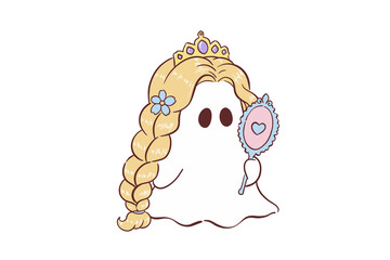 Long Blonde Braid Ghost Princess Holding Antique Hand Mirror Graphic for Sublimation Design © Lemon