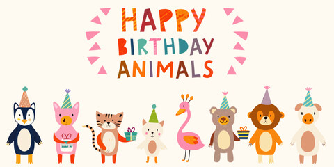 Naklejka premium A lineup of birthday animals wearing party hats vector illustration