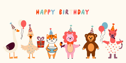 Fototapeta premium A lineup of party animals with hats and balloons vector illustration